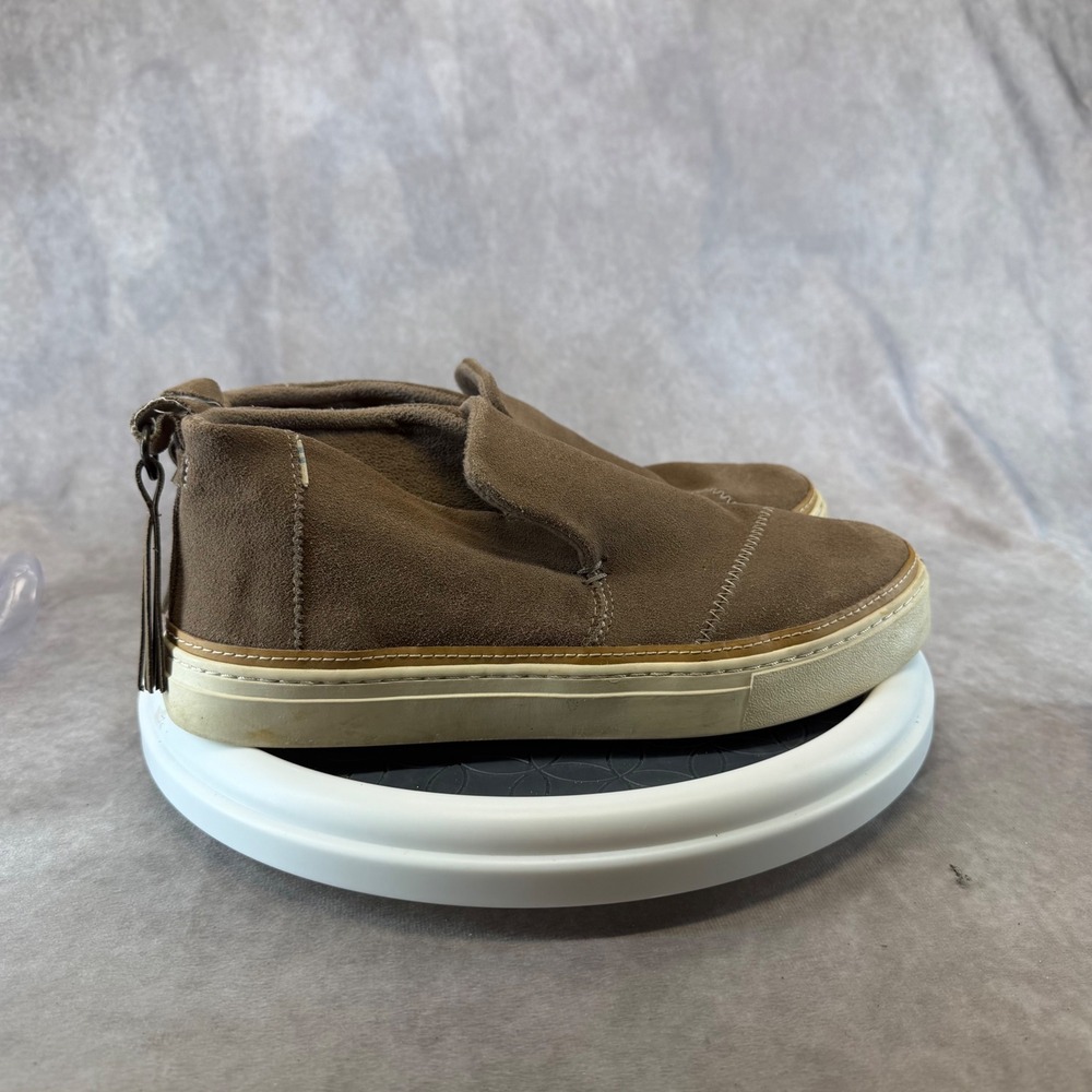 TOMS PAXTON Suede Slip On Sneakers Womens 9 Brown Faux Fur Lined Fringe Mid Top